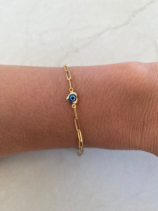14K Gold Paperclip Evil Eye Heart Anklet