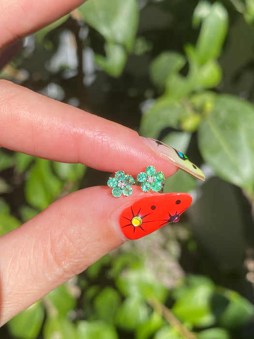 14k emerald and diamond flower stud earrings