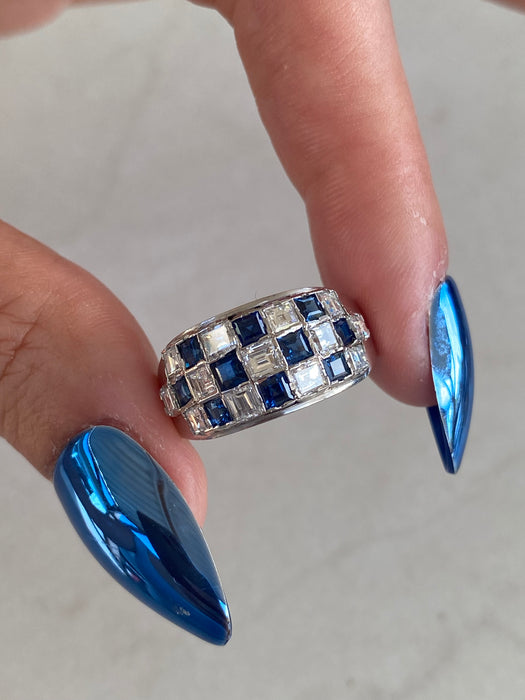Vintage 18K White Gold Blue Sapphire & Asscher Cut Diamond Ring – 1.62 TCW