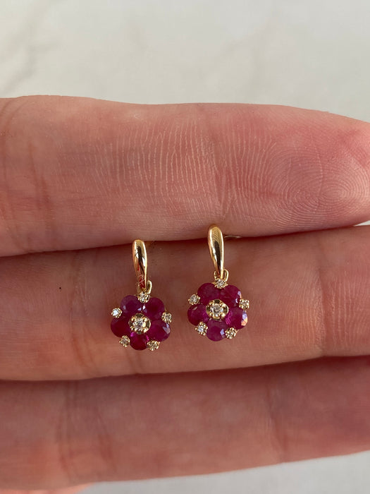 14K Gold Natural Ruby & Diamond Flower Drop Stud Earrings