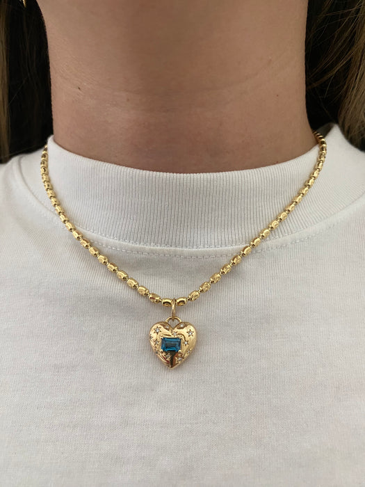 14K Gold Heart Charm with Diamond Star Accents & East–West Blue Topaz