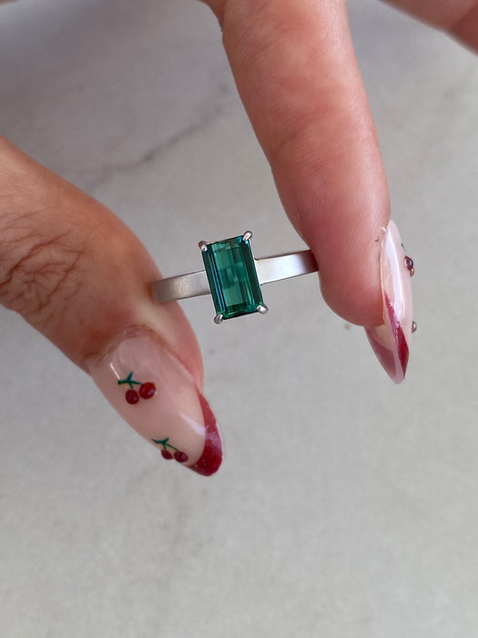 Vintage Platinum 900 Blue-Green Tourmaline Ring | 1.174 CT Baguette Cut Tourmaline