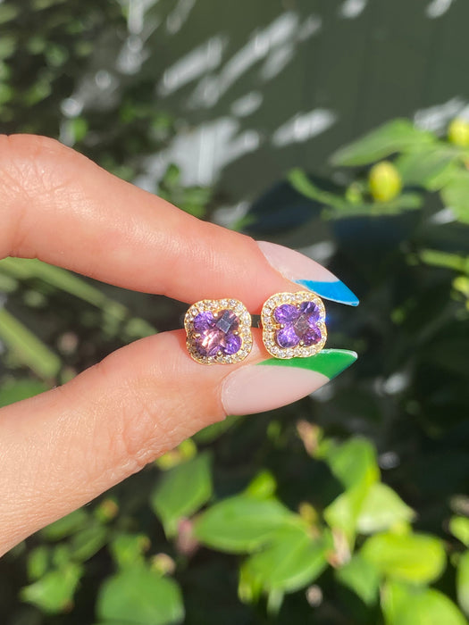 14k amethyst flower diamond stud earrings
