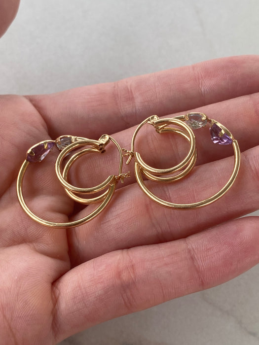 14K Vintage Blue Topaz & Amethyst Hoop Earrings