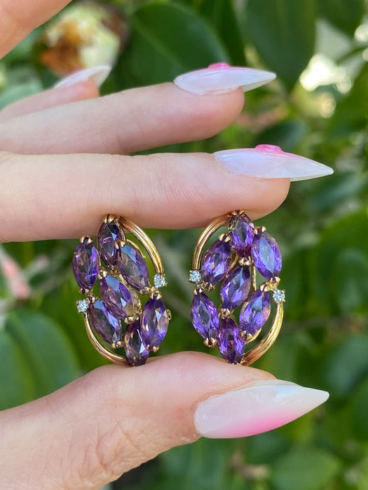 Vintage 14K Gold Marquise Amethyst & Diamond Earrings with Omega Backings