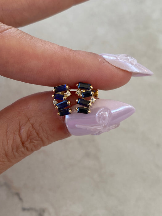 14K Natural Baguette Blue Sapphire & Diamond Earrings