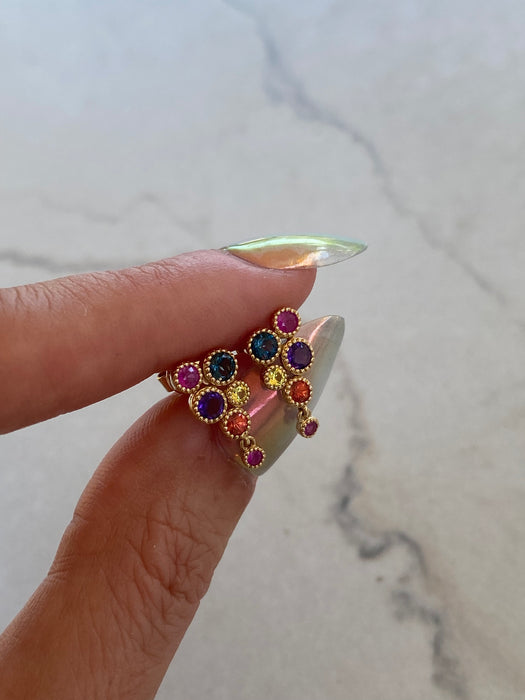 14K Natural Rainbow Gemstone Cluster Stud Earrings
