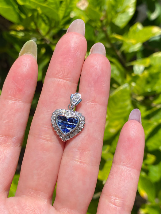 14k white gold diamond and blue sapphire heart pendant