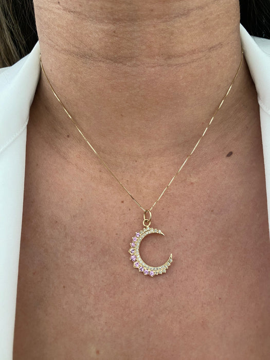 14k diamond and pink sapphire crescent moon pendant