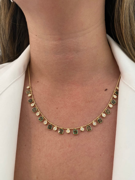 14K Gold Green Sapphire & Diamond Bead Necklace – 4.8 Carat Sapphire & 0.46 CTW Natural Diamond Charms