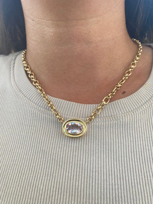 14K East-to-West 3.3 Carat Morganite Double-Bezel Trombone Necklace