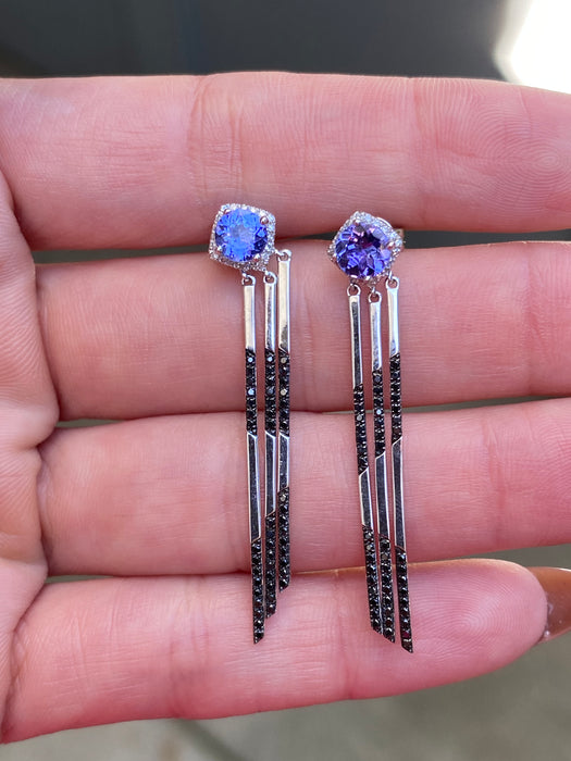 14K White Gold Tanzanite & Diamond Drop Earrings – Black & White Diamond Accents (1.3 TCW)