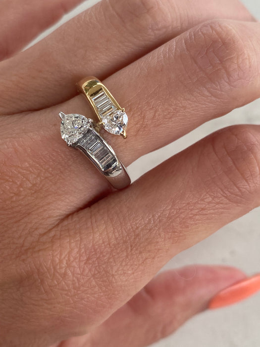 Vintage 18K Gold & Platinum Natural Heart Diamond Bypass Ring