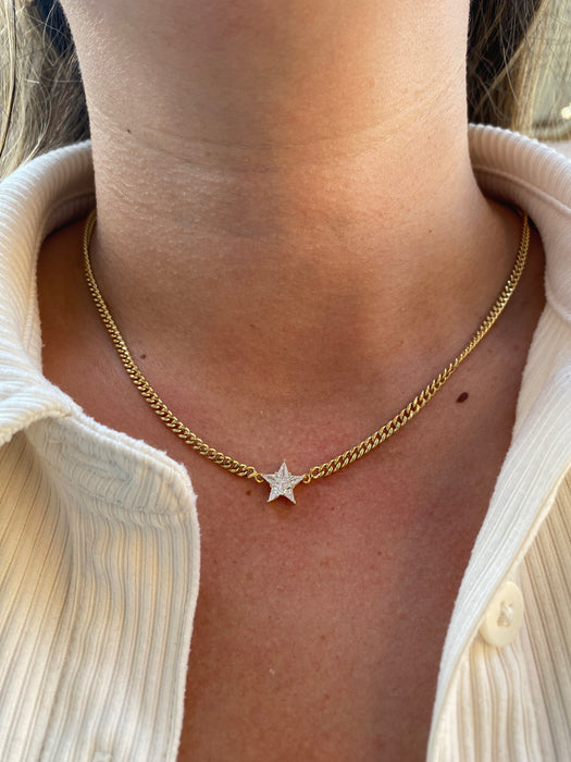 14K Gold Natural Diamond Star Curb Necklace