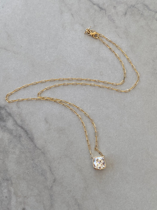 14K Gold 2.25 Lab Cushion Bezel-Set Diamond Paperclip Necklace 18”