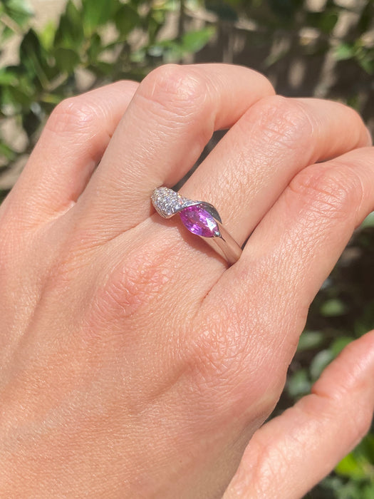 Vintage Platinum 900 Pink Sapphire Pear Ring with Diamonds – Size 10.25