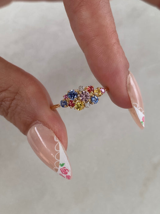 14K Rainbow Sapphire Cluster Ring