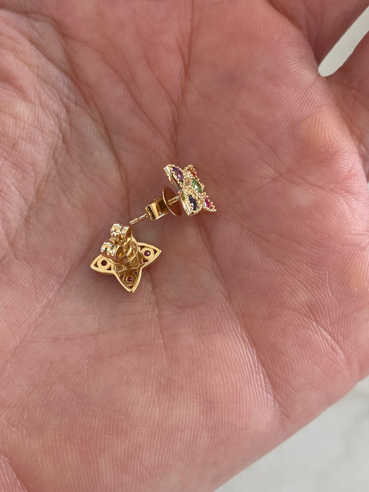 14K Rainbow Gemstone Clover Stud Earrings | Sapphire, Amethyst & Tsavorite