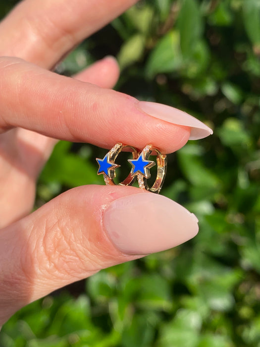 14k blue enamel diamond star Huggie earrings