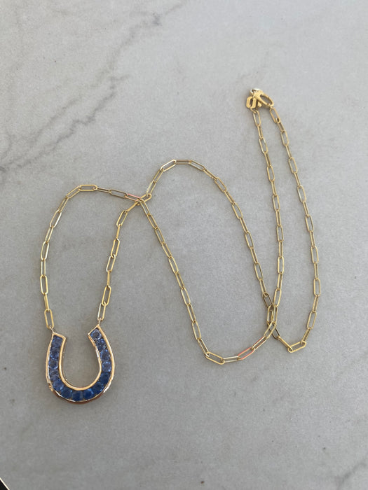14K Gold Blue Sapphire Ombre Horseshoe Paperclip Necklace