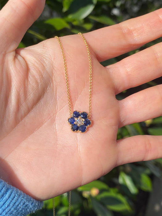 14k blue sapphire and diamond flower necklace 16” or 18”