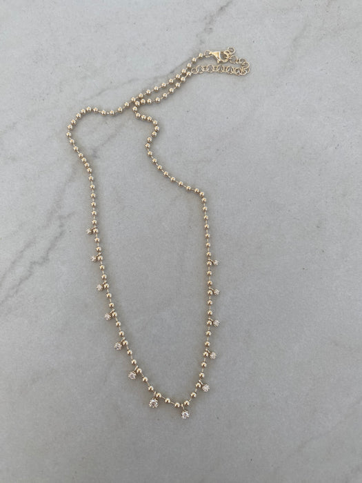 14K Gold Solid Bead Chain with Natural Diamond Drops