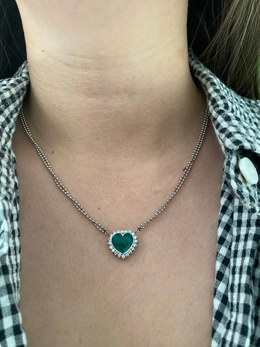 Platinum 850 bezel set 3.5 carat emerald heart and diamond bead necklace