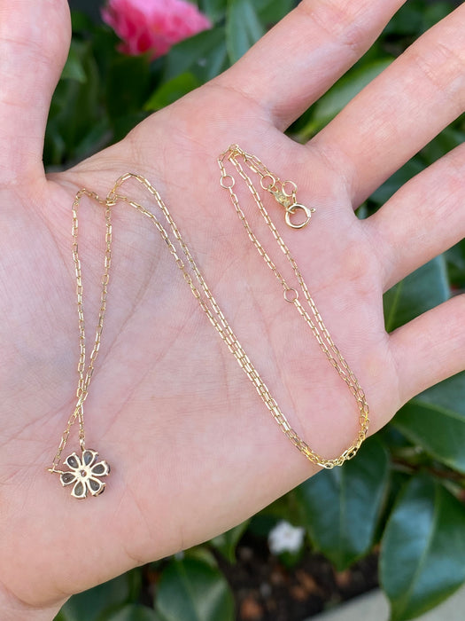 14K Gold Mini Paperclip Chain Necklace with London Blue Topaz Diamond Flower Charm
