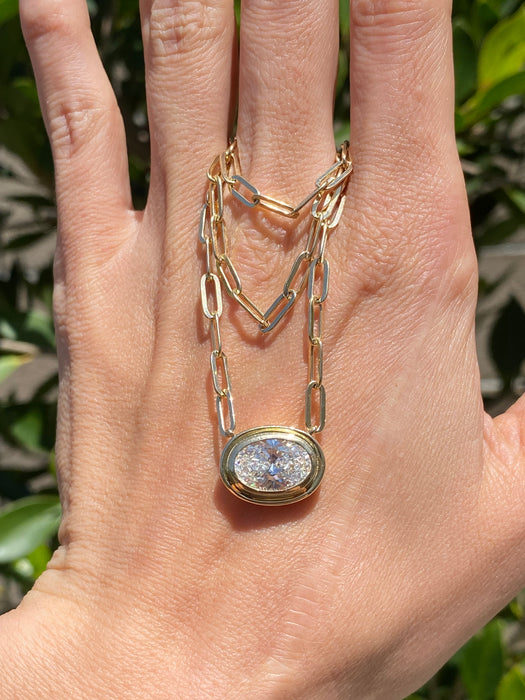 14K Gold Paperclip Necklace with 3 Carat East-West Oval Lab Diamond