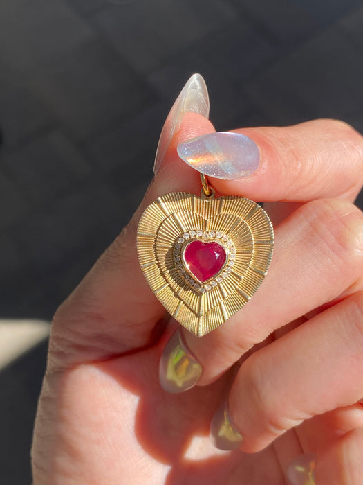 14K Natural Ruby & Diamond Fluted Heart Charm