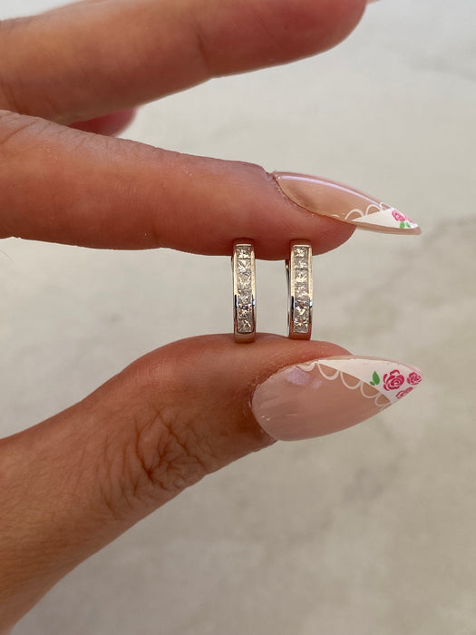 18K White Gold Princess Cut Natural Diamond Huggie Earrings | 0.40 CTW Diamond Hoops
