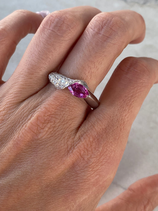 Vintage Platinum 900 Pink Sapphire Pear Ring with Diamonds – Size 10.25