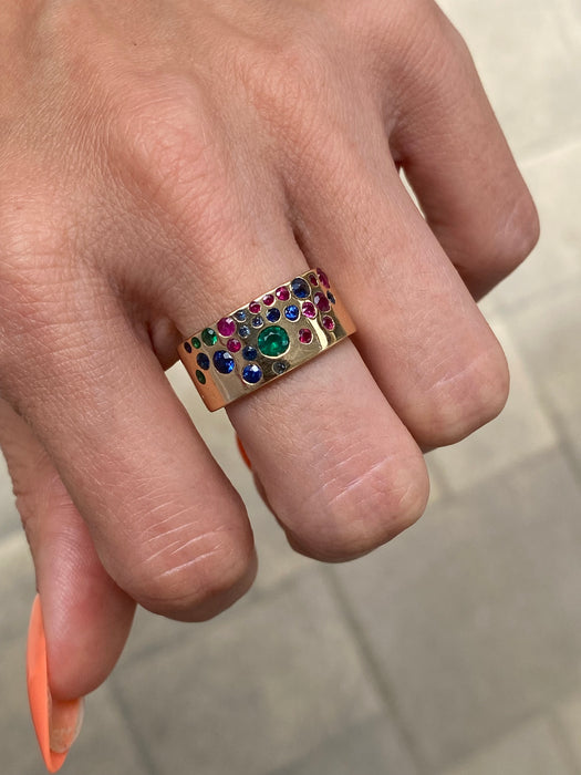 14K Gold Ruby, Emerald & Sapphire Cigar Ring Size 6.75