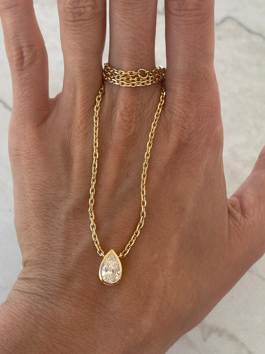 14K Solid Gold Biker Chain 1.1 Carat Pear Lab Diamond Necklace
