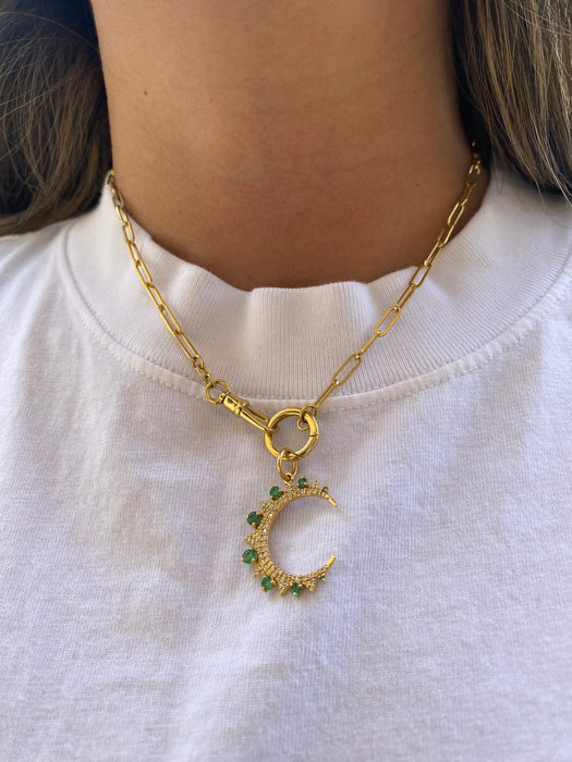 14K Gold Emerald & Diamond Crescent Moon Charm