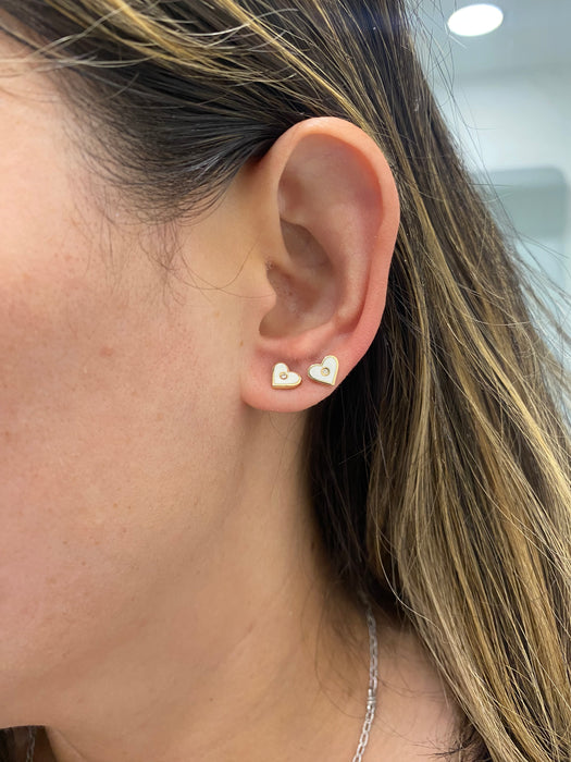 14K Gold White Enamel Diamond Heart Stud Earrings