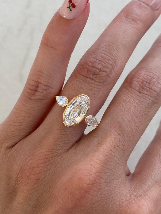 14K Gold Bezel Set Step Cut Lab Diamond Oval & Pear Ring