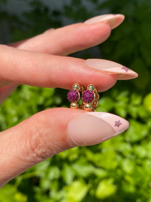 14K Gold Ruby Beaded Huggie Earrings