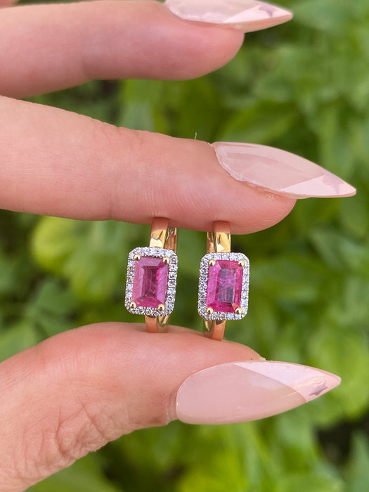 14K Gold Ruby & Diamond Huggie Earrings