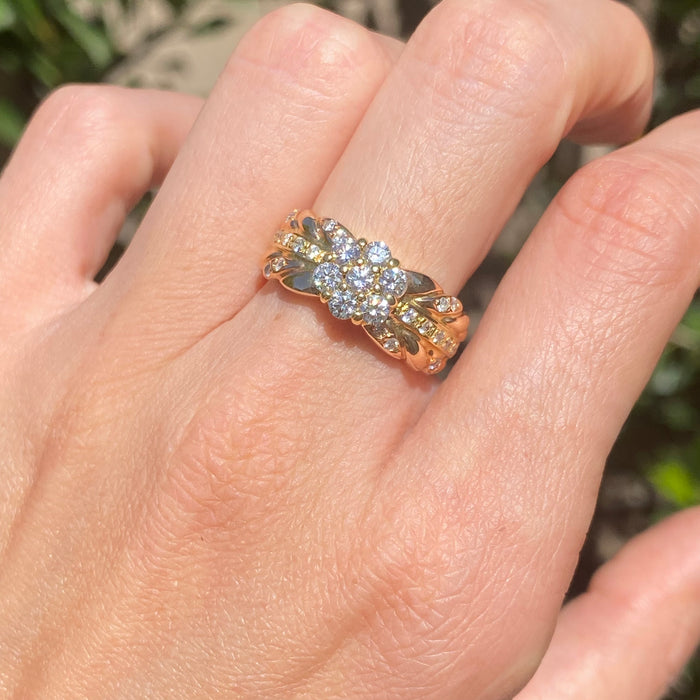 Vintage 18K Rose & Yellow Gold Diamond Flower Ring – 0.81 TCW – Size 6.75