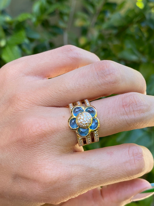 18k cabochon blue topaz diamond flower ring size 5.5