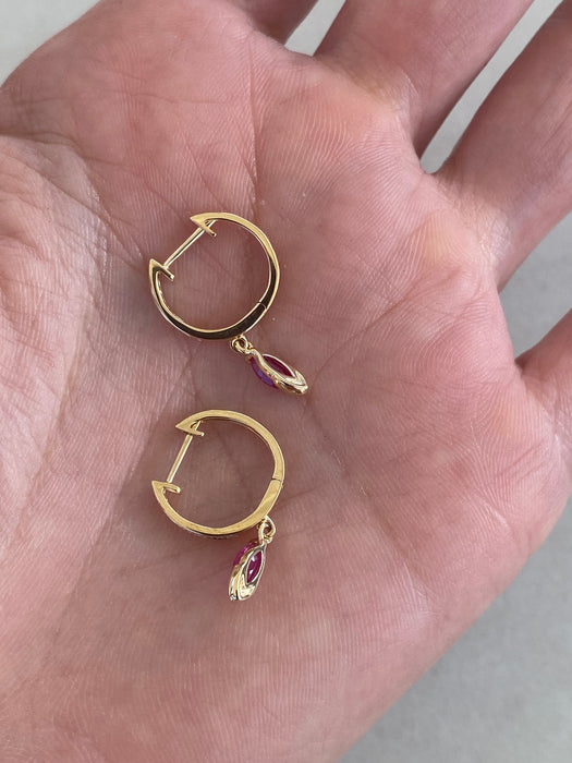 14K Gold Marquise Ruby & Diamond Huggie Earrings