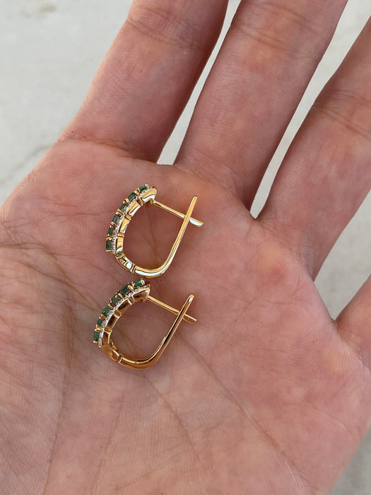 14K Gold Emerald & Diamond Huggie Hoop Earrings
