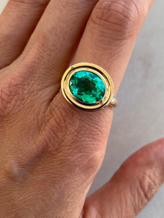 14K Double Bezel 3.4 Carat Lab-Grown Emerald Oval Ring