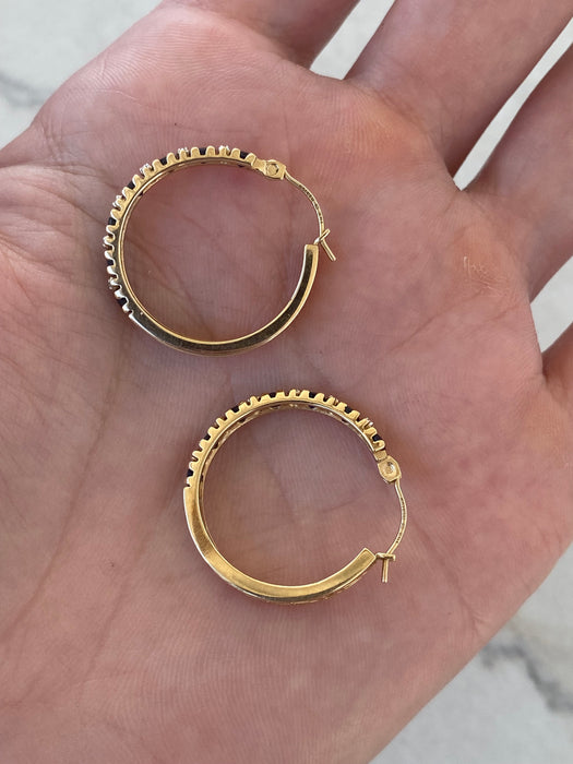 Vintage 14K Gold Blue Sapphire & Diamond Hoop Earrings