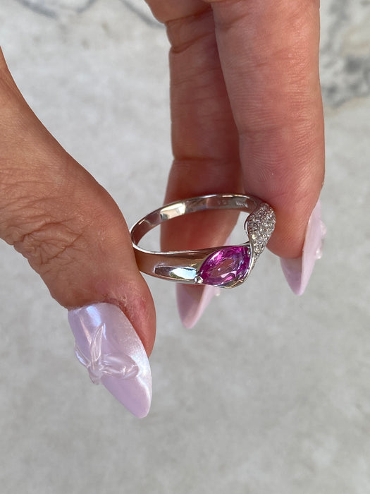 Vintage Platinum 900 Pink Sapphire Pear Ring with Diamonds – Size 10.25