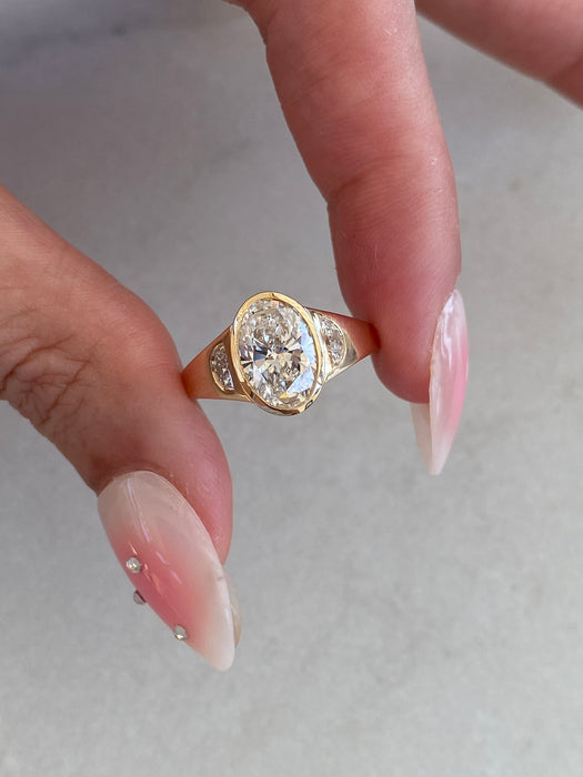 14K Gold 2.44 TCW Carat Oval Lab Diamond Ring with Flush Half-Moon Accents