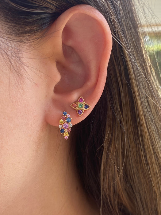 14K Rainbow Sapphire & Diamond Cluster Huggie Earrings | 1.10 CTW