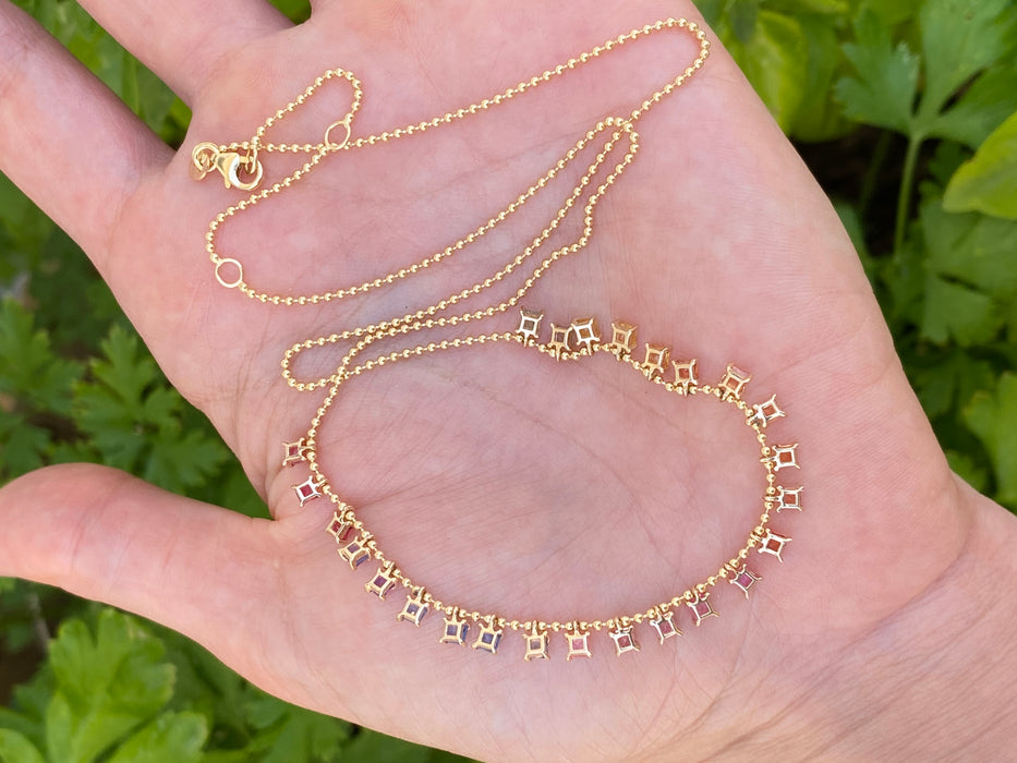 14K Gold Rainbow Sapphire Bead Necklace | 5 CTW Princess Cut Dangling Sapphires Adjustable 16-18”