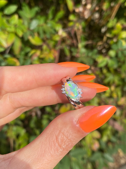 Vintage Platinum 900 Opal Diamond Ring Size 6